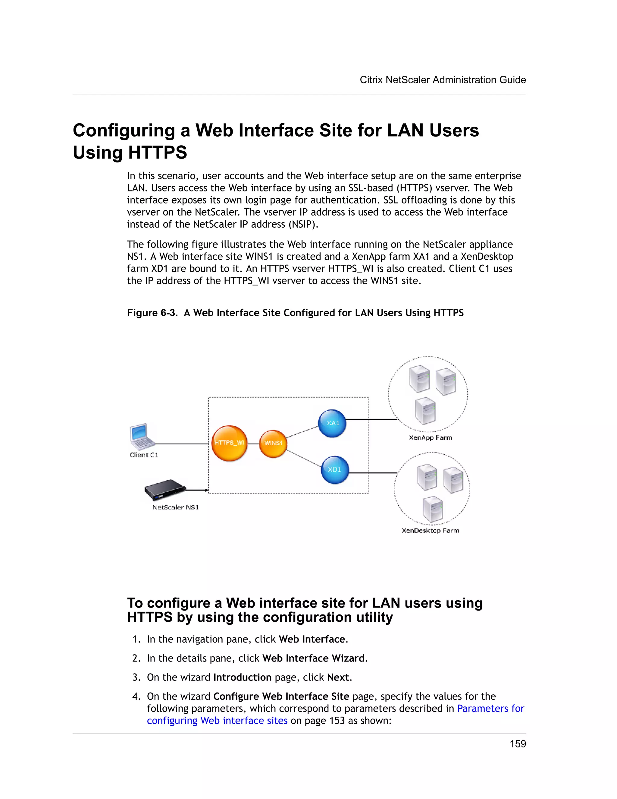 Citrix NetScaler Administration Guide 
Configuring a Web Interface Site for LAN Users 
Using HTTPS 
In this scenario, user accounts and the Web interface setup are on the same enterprise 
LAN. Users access the Web interface by using an SSL-based (HTTPS) vserver. The Web 
interface exposes its own login page for authentication. SSL offloading is done by this 
vserver on the NetScaler. The vserver IP address is used to access the Web interface 
instead of the NetScaler IP address (NSIP). 
The following figure illustrates the Web interface running on the NetScaler appliance 
NS1. A Web interface site WINS1 is created and a XenApp farm XA1 and a XenDesktop 
farm XD1 are bound to it. An HTTPS vserver HTTPS_WI is also created. Client C1 uses 
the IP address of the HTTPS_WI vserver to access the WINS1 site. 
Figure 6-3. A Web Interface Site Configured for LAN Users Using HTTPS 
To configure a Web interface site for LAN users using 
HTTPS by using the configuration utility 
1. In the navigation pane, click Web Interface. 
2. In the details pane, click Web Interface Wizard. 
3. On the wizard Introduction page, click Next. 
4. On the wizard Configure Web Interface Site page, specify the values for the 
following parameters, which correspond to parameters described in Parameters for 
configuring Web interface sites on page 153 as shown: 
159 
 