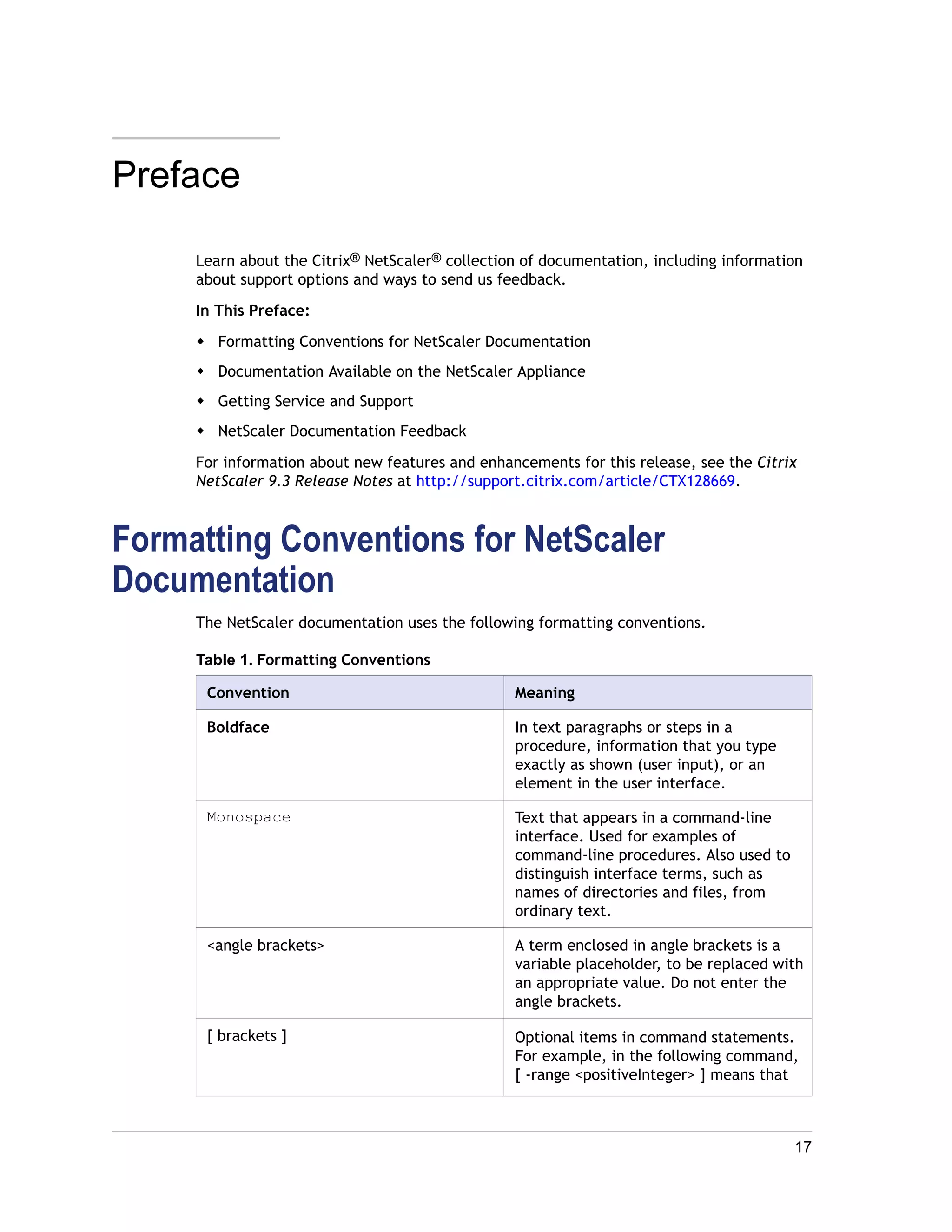 Preface 
Learn about the Citrix® NetScaler® collection of documentation, including information 
about support options and ways to send us feedback. 
In This Preface: 
w Formatting Conventions for NetScaler Documentation 
w Documentation Available on the NetScaler Appliance 
w Getting Service and Support 
w NetScaler Documentation Feedback 
For information about new features and enhancements for this release, see the Citrix 
NetScaler 9.3 Release Notes at http://support.citrix.com/article/CTX128669. 
Formatting Conventions for NetScaler 
Documentation 
The NetScaler documentation uses the following formatting conventions. 
Table 1. Formatting Conventions 
Convention Meaning 
Boldface In text paragraphs or steps in a 
procedure, information that you type 
exactly as shown (user input), or an 
element in the user interface. 
Monospace Text that appears in a command-line 
interface. Used for examples of 
command-line procedures. Also used to 
distinguish interface terms, such as 
names of directories and files, from 
ordinary text. 
<angle brackets> A term enclosed in angle brackets is a 
variable placeholder, to be replaced with 
an appropriate value. Do not enter the 
angle brackets. 
[ brackets ] Optional items in command statements. 
For example, in the following command, 
[ -range <positiveInteger> ] means that 
17 
 