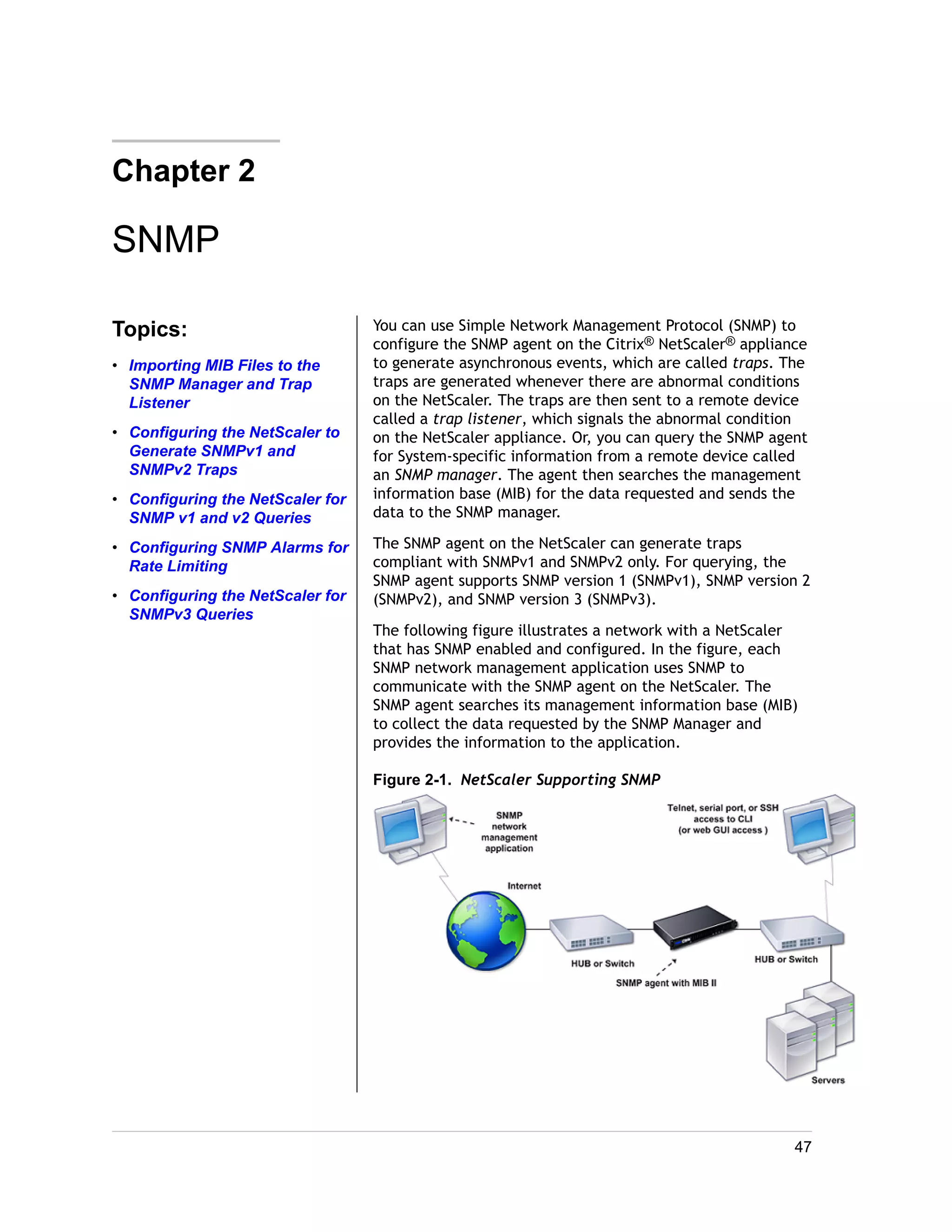 Chapter 2 
SNMP 
Topics: 
• Importing MIB Files to the 
SNMP Manager and Trap 
Listener 
• Configuring the NetScaler to 
Generate SNMPv1 and 
SNMPv2 Traps 
• Configuring the NetScaler for 
SNMP v1 and v2 Queries 
• Configuring SNMP Alarms for 
Rate Limiting 
• Configuring the NetScaler for 
SNMPv3 Queries 
You can use Simple Network Management Protocol (SNMP) to 
configure the SNMP agent on the Citrix® NetScaler® appliance 
to generate asynchronous events, which are called traps. The 
traps are generated whenever there are abnormal conditions 
on the NetScaler. The traps are then sent to a remote device 
called a trap listener, which signals the abnormal condition 
on the NetScaler appliance. Or, you can query the SNMP agent 
for System-specific information from a remote device called 
an SNMP manager. The agent then searches the management 
information base (MIB) for the data requested and sends the 
data to the SNMP manager. 
The SNMP agent on the NetScaler can generate traps 
compliant with SNMPv1 and SNMPv2 only. For querying, the 
SNMP agent supports SNMP version 1 (SNMPv1), SNMP version 2 
(SNMPv2), and SNMP version 3 (SNMPv3). 
The following figure illustrates a network with a NetScaler 
that has SNMP enabled and configured. In the figure, each 
SNMP network management application uses SNMP to 
communicate with the SNMP agent on the NetScaler. The 
SNMP agent searches its management information base (MIB) 
to collect the data requested by the SNMP Manager and 
provides the information to the application. 
Figure 2-1. NetScaler Supporting SNMP 
47 
 