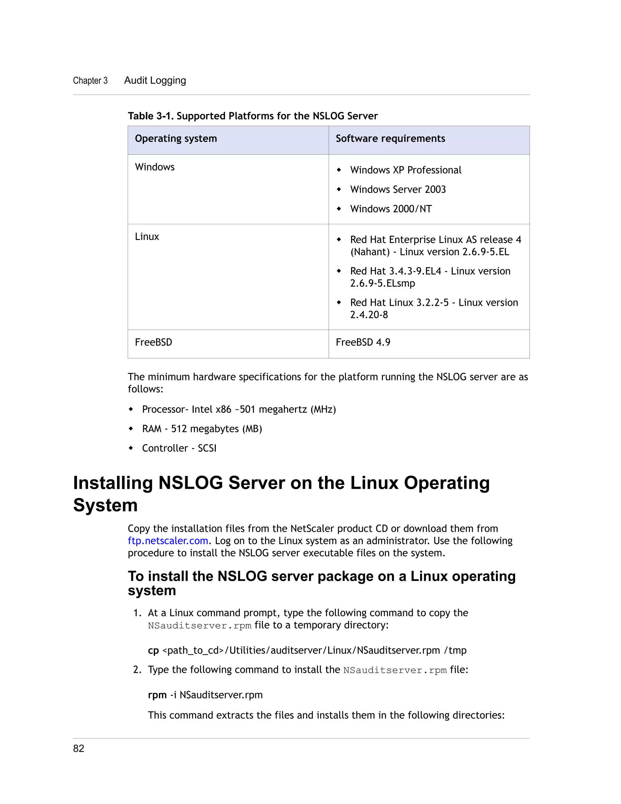 Chapter 3 Audit Logging 
Table 3-1. Supported Platforms for the NSLOG Server 
Operating system Software requirements 
Windows w Windows XP Professional 
w Windows Server 2003 
w Windows 2000/NT 
Linux w Red Hat Enterprise Linux AS release 4 
(Nahant) - Linux version 2.6.9-5.EL 
w Red Hat 3.4.3-9.EL4 - Linux version 
2.6.9-5.ELsmp 
w Red Hat Linux 3.2.2-5 - Linux version 
2.4.20-8 
FreeBSD FreeBSD 4.9 
The minimum hardware specifications for the platform running the NSLOG server are as 
follows: 
w Processor- Intel x86 ~501 megahertz (MHz) 
w RAM - 512 megabytes (MB) 
w Controller - SCSI 
Installing NSLOG Server on the Linux Operating 
System 
Copy the installation files from the NetScaler product CD or download them from 
ftp.netscaler.com. Log on to the Linux system as an administrator. Use the following 
procedure to install the NSLOG server executable files on the system. 
To install the NSLOG server package on a Linux operating 
system 
1. At a Linux command prompt, type the following command to copy the 
NSauditserver.rpm file to a temporary directory: 
cp <path_to_cd>/Utilities/auditserver/Linux/NSauditserver.rpm /tmp 
2. Type the following command to install the NSauditserver.rpm file: 
rpm -i NSauditserver.rpm 
This command extracts the files and installs them in the following directories: 
82 
 