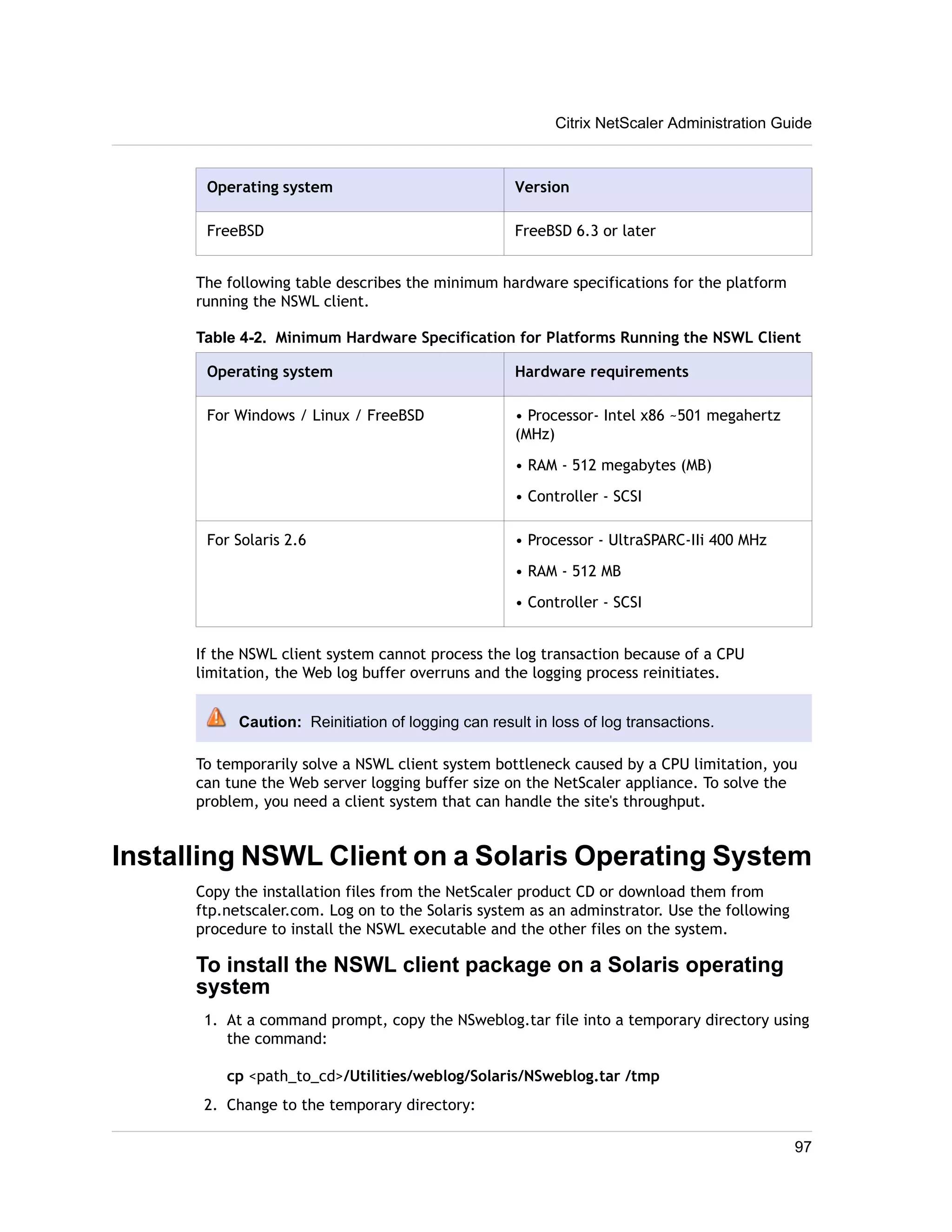 Operating system Version 
FreeBSD FreeBSD 6.3 or later 
The following table describes the minimum hardware specifications for the platform 
running the NSWL client. 
Table 4-2. Minimum Hardware Specification for Platforms Running the NSWL Client 
Operating system Hardware requirements 
For Windows / Linux / FreeBSD • Processor- Intel x86 ~501 megahertz 
(MHz) 
• RAM - 512 megabytes (MB) 
• Controller - SCSI 
For Solaris 2.6 • Processor - UltraSPARC-IIi 400 MHz 
• RAM - 512 MB 
• Controller - SCSI 
If the NSWL client system cannot process the log transaction because of a CPU 
limitation, the Web log buffer overruns and the logging process reinitiates. 
Caution: Reinitiation of logging can result in loss of log transactions. 
To temporarily solve a NSWL client system bottleneck caused by a CPU limitation, you 
can tune the Web server logging buffer size on the NetScaler appliance. To solve the 
problem, you need a client system that can handle the site's throughput. 
Installing NSWL Client on a Solaris Operating System 
Copy the installation files from the NetScaler product CD or download them from 
ftp.netscaler.com. Log on to the Solaris system as an adminstrator. Use the following 
procedure to install the NSWL executable and the other files on the system. 
To install the NSWL client package on a Solaris operating 
system 
1. At a command prompt, copy the NSweblog.tar file into a temporary directory using 
the command: 
cp <path_to_cd>/Utilities/weblog/Solaris/NSweblog.tar /tmp 
2. Change to the temporary directory: 
Citrix NetScaler Administration Guide 
97 
 