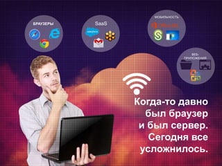 Когда-то давно
был браузер
и был сервер.
Сегодня все
усложнилось.
БРАУЗЕРЫ SaaS
МОБИЛЬНОСТЬ
ВЕБ-
ПРИЛОЖЕНИЯ
 