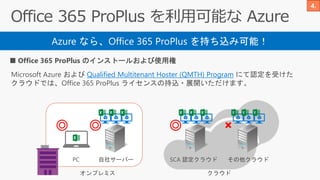 Azure なら、Office 365 ProPlus を持ち込み可能！
■ Office 365 ProPlus のインストールおよび使用権
オンプレミス
自社サーバー
◎ ◎
クラウド
SCA 認定クラウド その他クラウドPC
◎ ×
Microsoft Azure および Qualified Multitenant Hoster (QMTH) Program にて認定を受けた
クラウドでは、Office 365 ProPlus ライセンスの持込・展開いただけます。
 