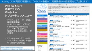VDI on Azure
活用のための
パートナー
ソリューションメニュー
• アセスメント、サービス、
検証環境構築、
およびトレーニングなど、
Cloud Everywhere 対応
パートナー各社から、
実践的で多彩なメニューを
ご用意
• VDI on Azure メニューを
パートナー16社様より提供
中 (2018年2月現在)
https://www.microsoft.com/ja-jp/
cloud-platform/cloud-everywhere#solution=vdi
Azure / Citrix 両面に精通したパートナー各社が、実機評価や本番展開をご支援します！
 
