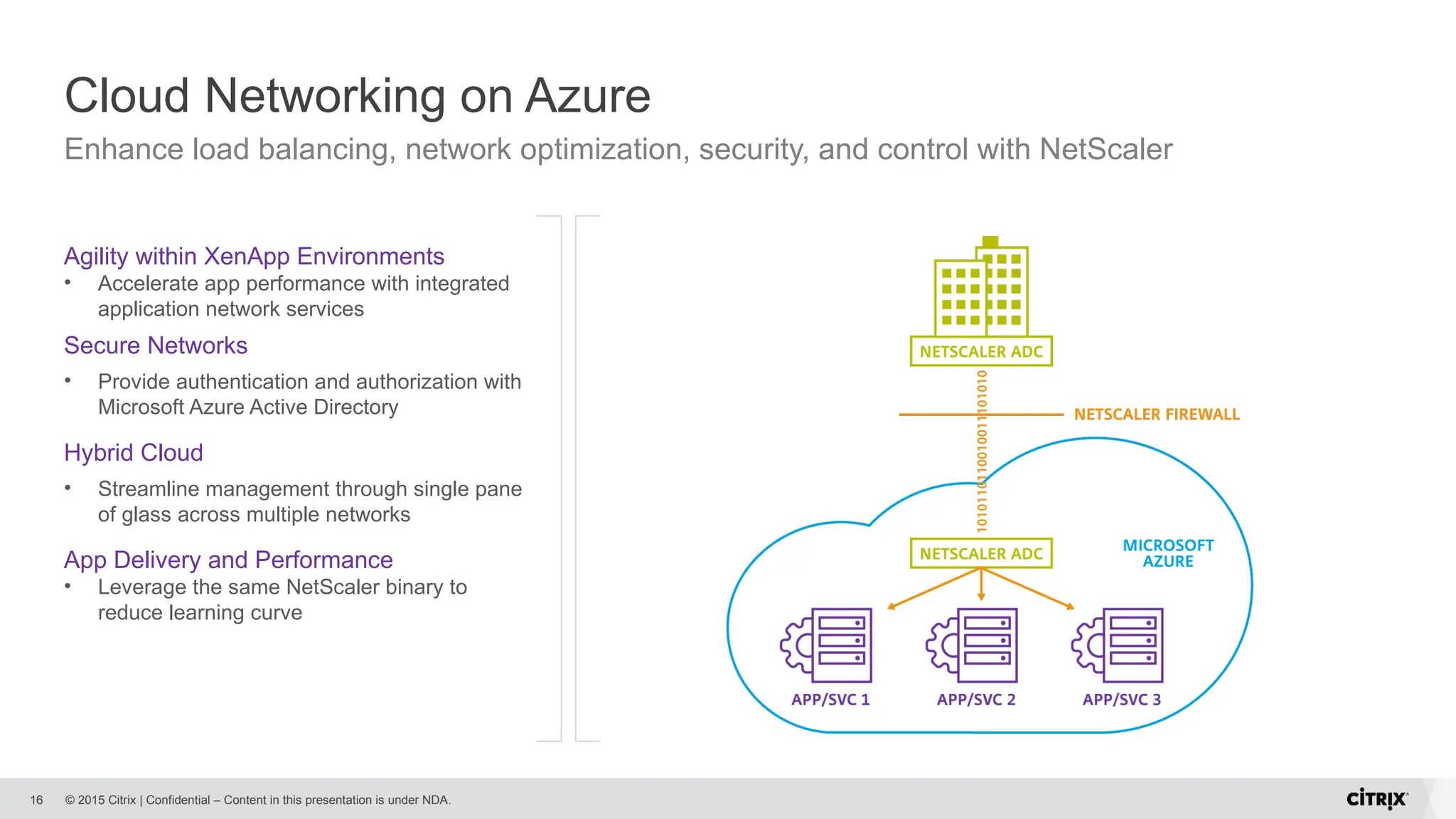 © 2015 Citrix | Confidential – Content in this presentation is under NDA.
Cloud Networking on Azure
Enhance load balancing, network optimization, security, and control with NetScaler
16
Agility within XenApp Environments
• Accelerate app performance with integrated
application network services
Secure Networks
• Provide authentication and authorization with
Microsoft Azure Active Directory
Hybrid Cloud
• Streamline management through single pane
of glass across multiple networks
App Delivery and Performance
• Leverage the same NetScaler binary to
reduce learning curve
 