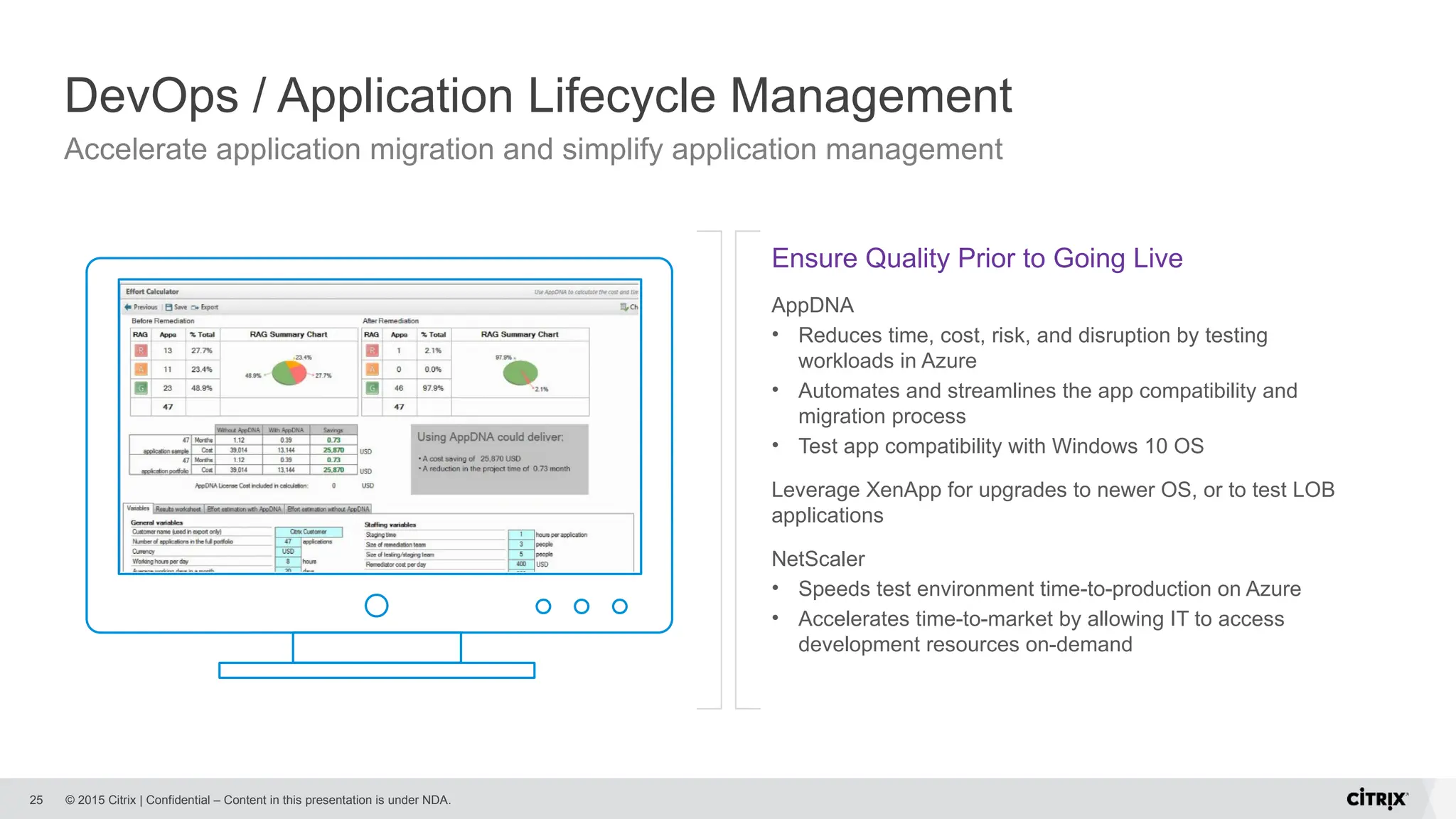 © 2015 Citrix | Confidential – Content in this presentation is under NDA.
DevOps / Application Lifecycle Management
25
Ensure Quality Prior to Going Live
AppDNA
• Reduces time, cost, risk, and disruption by testing
workloads in Azure
• Automates and streamlines the app compatibility and
migration process
• Test app compatibility with Windows 10 OS
Leverage XenApp for upgrades to newer OS, or to test LOB
applications
NetScaler
• Speeds test environment time-to-production on Azure
• Accelerates time-to-market by allowing IT to access
development resources on-demand
Accelerate application migration and simplify application management
 