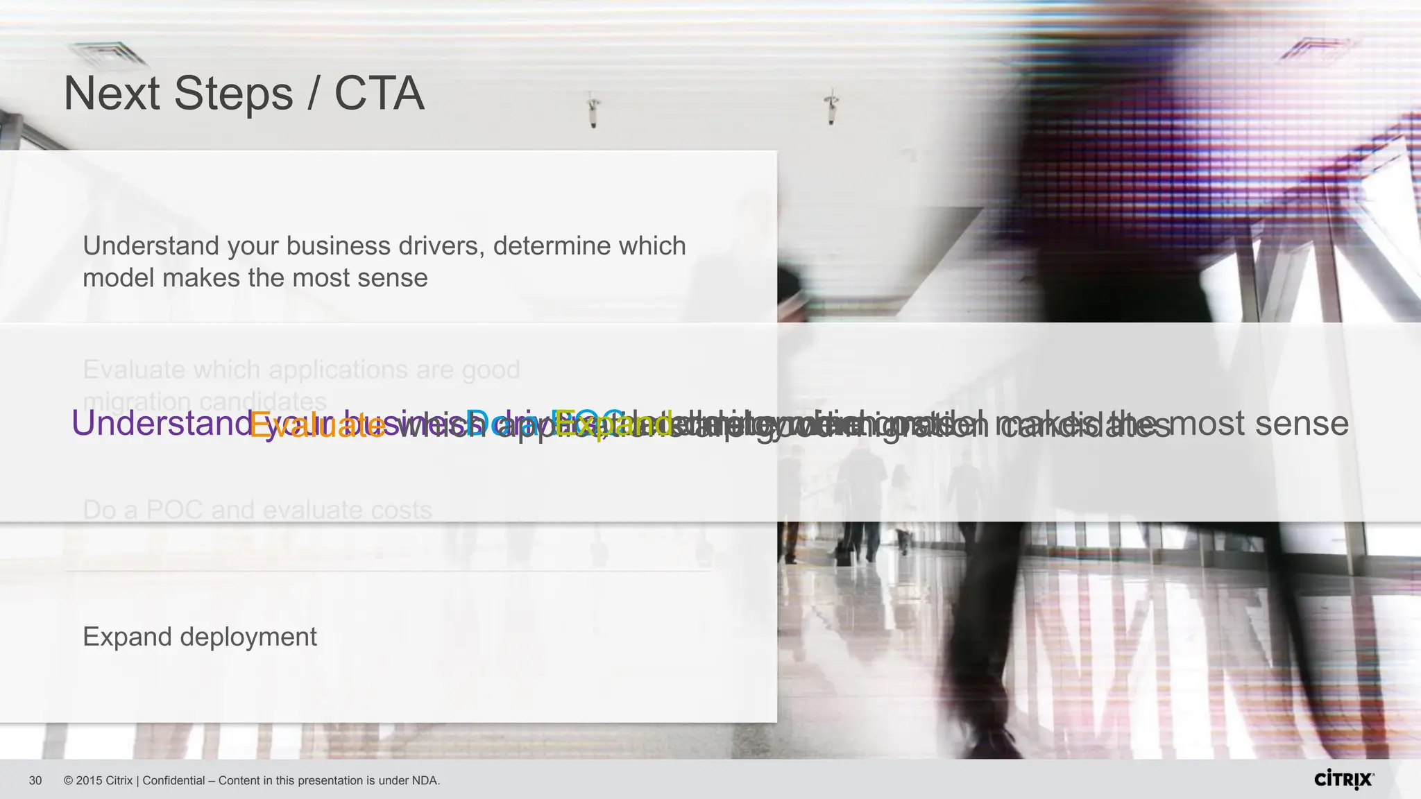 © 2015 Citrix | Confidential – Content in this presentation is under NDA.
Understand your business drivers, determine which
model makes the most sense
Do a POC and evaluate costs
Evaluate which applications are good
migration candidates
Expand deployment
Next Steps / CTA
30
Understand your business drivers, determine which model makes the most sense
Do a POC and determine costs
Evaluate which applications are good migration candidates
Expand deployment
 