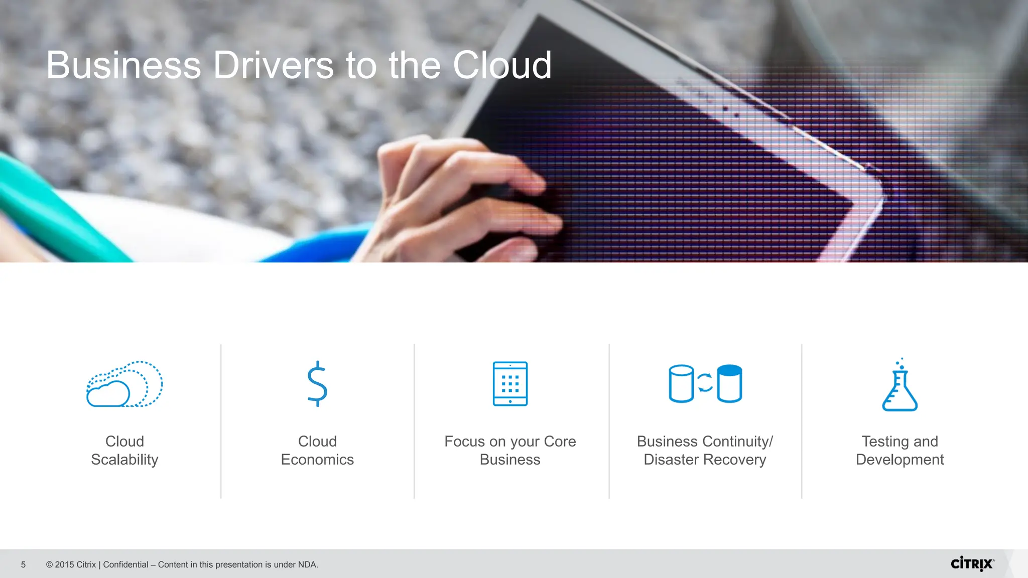 © 2015 Citrix | Confidential – Content in this presentation is under NDA.
5
Cloud
Scalability
Business Continuity/
Disaster Recovery
Testing and
Development
Focus on your Core
Business
Cloud
Economics
Business Drivers to the Cloud
 