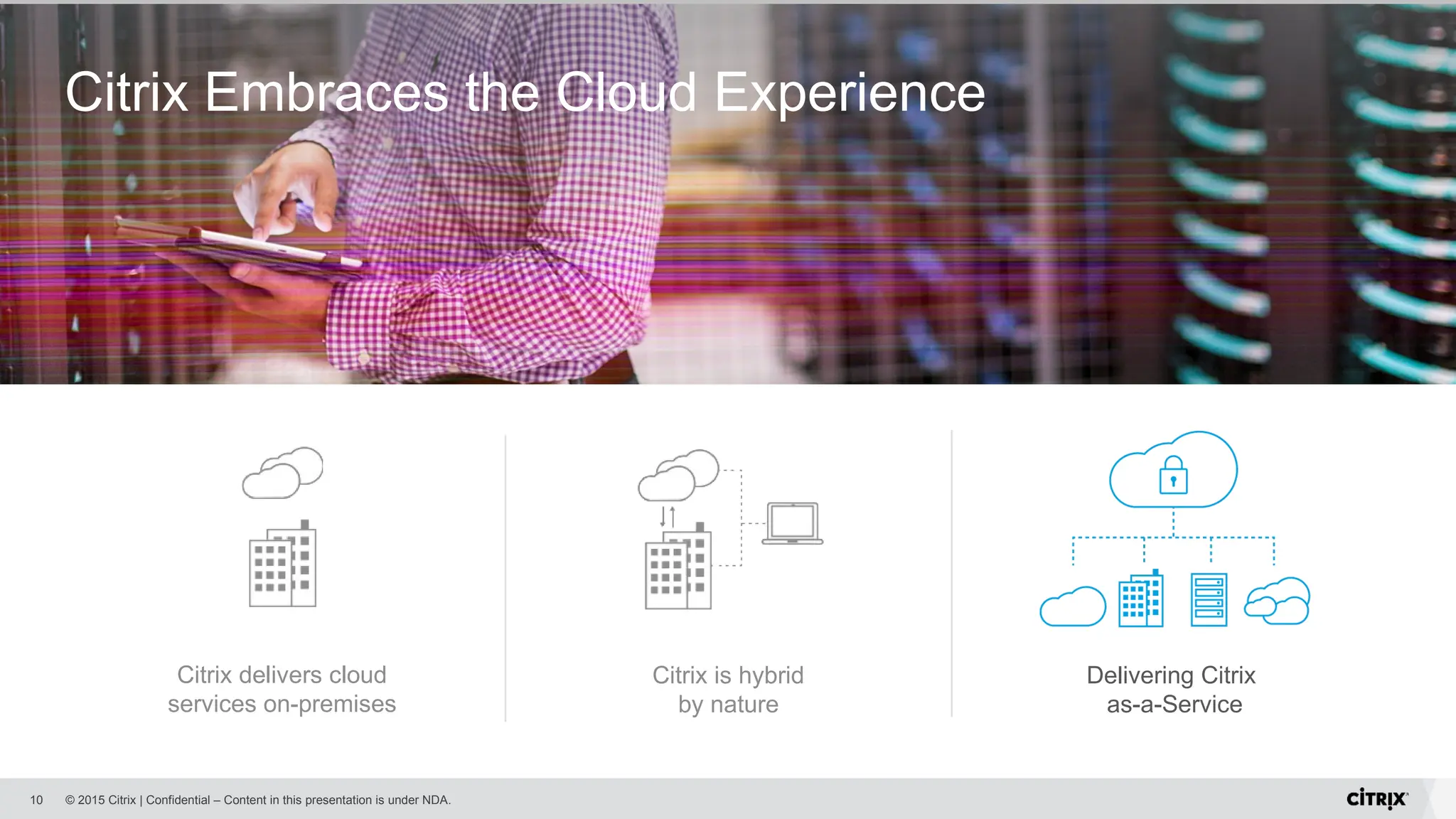 © 2015 Citrix | Confidential – Content in this presentation is under NDA.
10
Citrix Embraces the Cloud Experience
Citrix delivers cloud
services on-premises
Delivering Citrix
as-a-Service
Citrix is hybrid
by nature
 