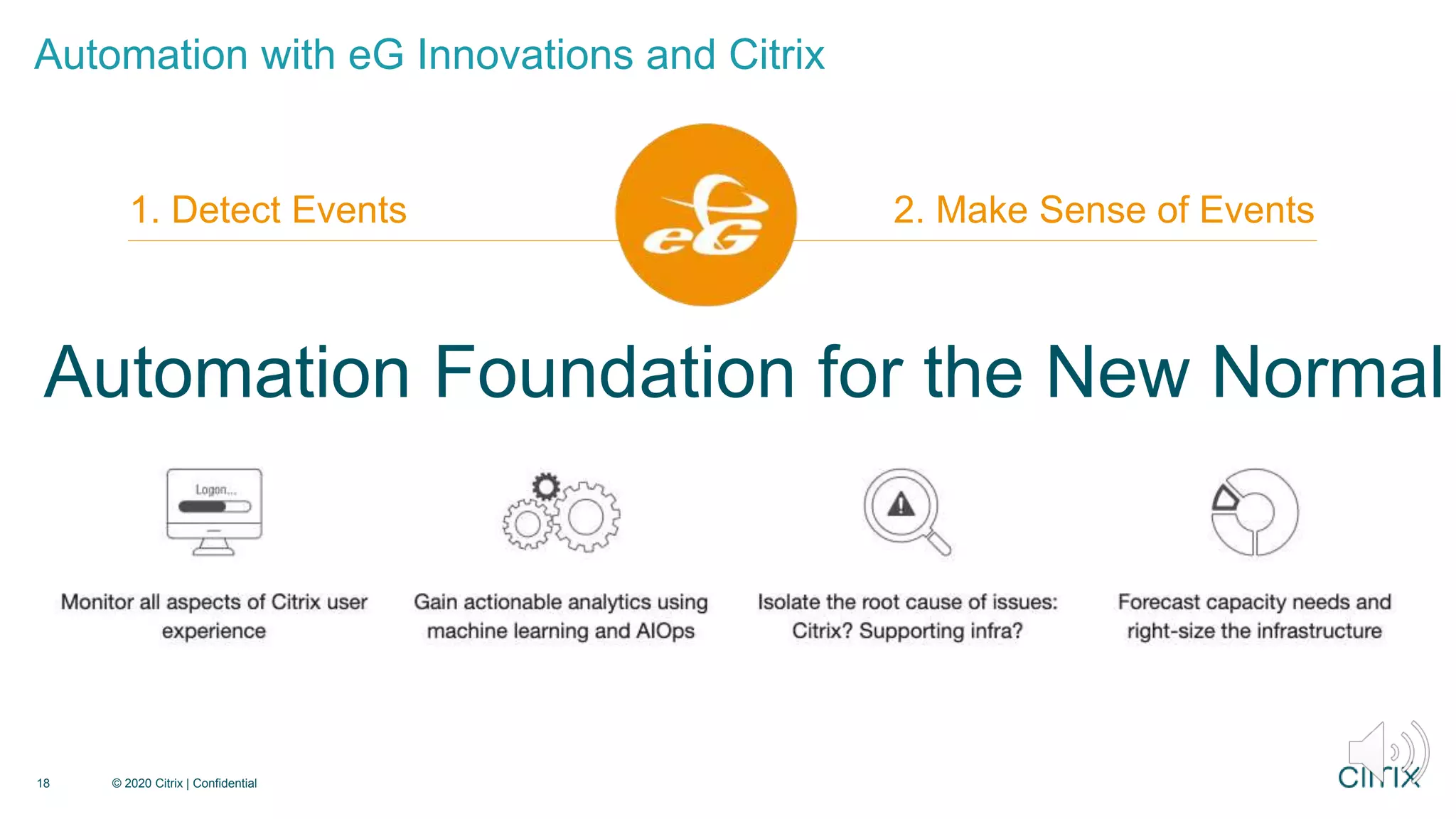 Automation with eG Innovations and Citrix
18 © 2020 Citrix | Confidential
1. Detect Events 2. Make Sense of Events
Automation Foundation for the New Normal
 