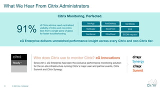 12 © 2020 Citrix | Confidential
What We Hear From Citrix Administrators
Citrix Monitoring, Perfected.
of Citrix admins need centralized
visibility of Citrix and non-Citrix
tiers from a single pane of glass
for faster troubleshooting
eG Enterprise delivers unmatched performance insight across every Citrix and non-Citrix tier.
91%
XenApp XenDesktop XenMobile
NetScaler StoreFront PVS
XenServer CitrixCloud SCOM Integration
 