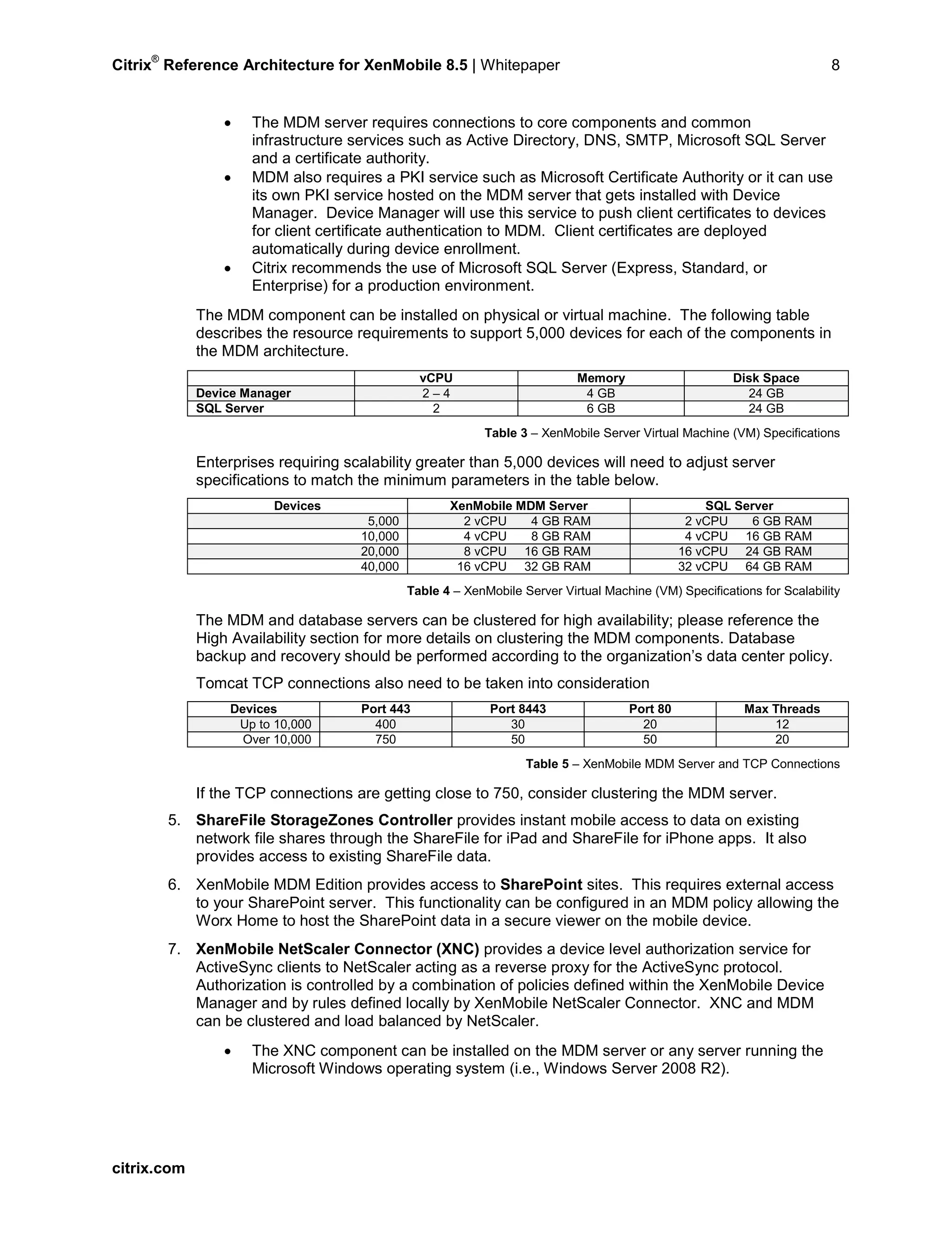 Citrix
®
Reference Architecture for XenMobile 8.5 | Whitepaper 8
• The MDM server requires connections to core components and common
infrastructure services such as Active Directory, DNS, SMTP, Microsoft SQL Server
and a certificate authority.
• MDM also requires a PKI service such as Microsoft Certificate Authority or it can use
its own PKI service hosted on the MDM server that gets installed with Device
Manager. Device Manager will use this service to push client certificates to devices
for client certificate authentication to MDM. Client certificates are deployed
automatically during device enrollment.
• Citrix recommends the use of Microsoft SQL Server (Express, Standard, or
Enterprise) for a production environment.
The MDM component can be installed on physical or virtual machine. The following table
describes the resource requirements to support 5,000 devices for each of the components in
the MDM architecture.
vCPU Memory Disk Space
Device Manager 2 – 4 4 GB 24 GB
SQL Server 2 6 GB 24 GB
Table 3 – XenMobile Server Virtual Machine (VM) Specifications
Enterprises requiring scalability greater than 5,000 devices will need to adjust server
specifications to match the minimum parameters in the table below.
Devices XenMobile MDM Server SQL Server
5,000 2 vCPU 4 GB RAM 2 vCPU 6 GB RAM
10,000 4 vCPU 8 GB RAM 4 vCPU 16 GB RAM
20,000 8 vCPU 16 GB RAM 16 vCPU 24 GB RAM
40,000 16 vCPU 32 GB RAM 32 vCPU 64 GB RAM
Table 4 – XenMobile Server Virtual Machine (VM) Specifications for Scalability
The MDM and database servers can be clustered for high availability; please reference the
High Availability section for more details on clustering the MDM components. Database
backup and recovery should be performed according to the organization’s data center policy.
Tomcat TCP connections also need to be taken into consideration
Devices Port 443 Port 8443 Port 80 Max Threads
Up to 10,000 400 30 20 12
Over 10,000 750 50 50 20
Table 5 – XenMobile MDM Server and TCP Connections
If the TCP connections are getting close to 750, consider clustering the MDM server.
5. ShareFile StorageZones Controller provides instant mobile access to data on existing
network file shares through the ShareFile for iPad and ShareFile for iPhone apps. It also
provides access to existing ShareFile data.
6. XenMobile MDM Edition provides access to SharePoint sites. This requires external access
to your SharePoint server. This functionality can be configured in an MDM policy allowing the
Worx Home to host the SharePoint data in a secure viewer on the mobile device.
7. XenMobile NetScaler Connector (XNC) provides a device level authorization service for
ActiveSync clients to NetScaler acting as a reverse proxy for the ActiveSync protocol.
Authorization is controlled by a combination of policies defined within the XenMobile Device
Manager and by rules defined locally by XenMobile NetScaler Connector. XNC and MDM
can be clustered and load balanced by NetScaler.
• The XNC component can be installed on the MDM server or any server running the
Microsoft Windows operating system (i.e., Windows Server 2008 R2).
citrix.com
 