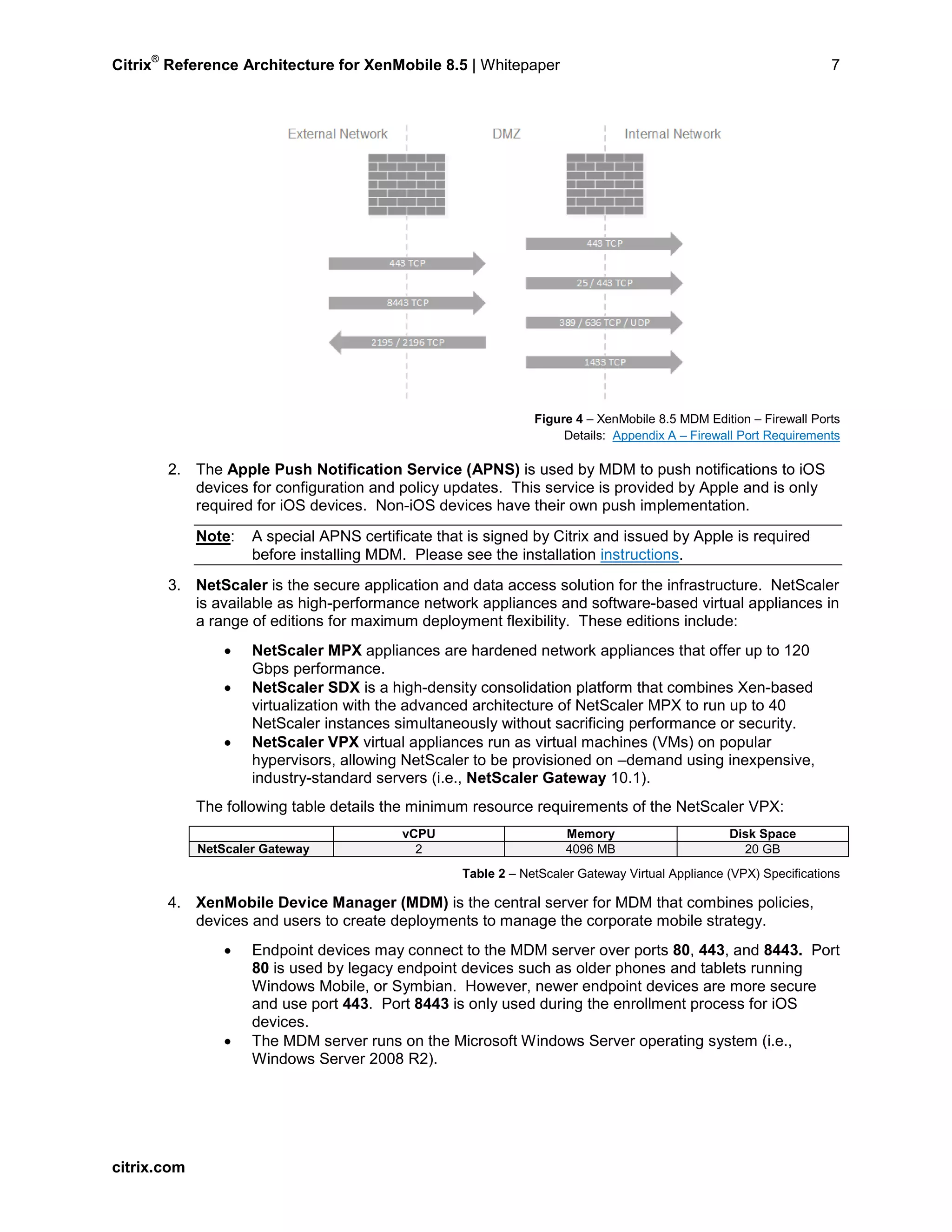 Citrix
®
Reference Architecture for XenMobile 8.5 | Whitepaper 7
Figure 4 – XenMobile 8.5 MDM Edition – Firewall Ports
Details: Appendix A – Firewall Port Requirements
2. The Apple Push Notification Service (APNS) is used by MDM to push notifications to iOS
devices for configuration and policy updates. This service is provided by Apple and is only
required for iOS devices. Non-iOS devices have their own push implementation.
Note: A special APNS certificate that is signed by Citrix and issued by Apple is required
before installing MDM. Please see the installation instructions.
3. NetScaler is the secure application and data access solution for the infrastructure. NetScaler
is available as high-performance network appliances and software-based virtual appliances in
a range of editions for maximum deployment flexibility. These editions include:
• NetScaler MPX appliances are hardened network appliances that offer up to 120
Gbps performance.
• NetScaler SDX is a high-density consolidation platform that combines Xen-based
virtualization with the advanced architecture of NetScaler MPX to run up to 40
NetScaler instances simultaneously without sacrificing performance or security.
• NetScaler VPX virtual appliances run as virtual machines (VMs) on popular
hypervisors, allowing NetScaler to be provisioned on –demand using inexpensive,
industry-standard servers (i.e., NetScaler Gateway 10.1).
The following table details the minimum resource requirements of the NetScaler VPX:
vCPU Memory Disk Space
NetScaler Gateway 2 4096 MB 20 GB
Table 2 – NetScaler Gateway Virtual Appliance (VPX) Specifications
4. XenMobile Device Manager (MDM) is the central server for MDM that combines policies,
devices and users to create deployments to manage the corporate mobile strategy.
• Endpoint devices may connect to the MDM server over ports 80, 443, and 8443. Port
80 is used by legacy endpoint devices such as older phones and tablets running
Windows Mobile, or Symbian. However, newer endpoint devices are more secure
and use port 443. Port 8443 is only used during the enrollment process for iOS
devices.
• The MDM server runs on the Microsoft Windows Server operating system (i.e.,
Windows Server 2008 R2).
citrix.com
 