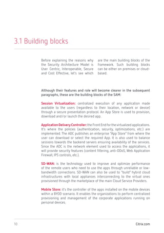 Citrix.com10
Session Virtualization: centralized execution of any application made
available to the users (regardless to their location, network or device)
through a secure presentation protocol. An App Store is used to provision,
download and/or launch the desired app.
Application Delivery Controller:the Front End for thevirtualized applications.
It’s where the policies (authentication, security, optimizations, etc.) are
implemented. The ADC publishes an enterprise “App Store” from where the
user can download or select the required App. It is also used to balance
sessions towards the backend servers ensuring availability of the services.
Since the ADC is the network element used to access the applications, it
will provide security features (content filtering, anti-DDoS, Web Application
Firewall, IPS controls, etc.).
SD-WAN: is the technology used to improve and optimize performance
of the remote users who need to use the apps through unreliable or low-
bandwidth connections. SD-WAN can also be used to “build” hybrid cloud
infrastructures with local appliances interconnecting to the virtual ones
provisioned through the marketplace of the main Cloud Service Providers.
Mobile Store: it’s the controller of the apps installed on the mobile devices
within a BYOD scenario. It enables the organizations to perform centralized
provisioning and management of the corporate applications running on
personal devices.
3.1 Building blocks
Before explaining the reasons why
the Security Architecture Model is
User Centric, Interoperable, Secure
and Cost Effective, let’s see which
are the main building blocks of the
framework. Such building blocks
can be either on premises or cloud-
based.
Although their features and role will become clearer in the subsequent
paragraphs, these are the building blocks of the SAM:
 