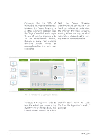 Citrix.com22
Considered that the 90% of
malware is today delivered via web-
browsing, the Secure Browsing is
a rather innovative approach than
the “legacy” one that would imply
the use of standard browsers, with
all the recommended patches,
through a proxy that enforces
restrictive policies leading to
over-configuration and poor user
experience.
With the Secure Browsing
architecture (that can be part of the
SAM) the malware can only infect
the VM where the virtual browser is
running without reaching the actual
workstation, safeguarding the entire
organization from ransomware.
Moreover, if the hypervisor used to
host the virtual apps supports the
HVI (Hypervisor Introspection), this
can be used to monitor the critical
memory access within the Guest
VM from the hypervisor’s level of
privilege.
This is an example of SAM to support Secure Browsing
 