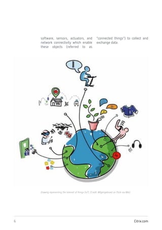 Citrix.com6
software, sensors, actuators, and
network connectivity which enable
these objects (referred to as
“connected things”) to collect and
exchange data.
Drawing representing the Internet of things (IoT). (Credit: Wilgengebroed on Flickr via Wiki)
 