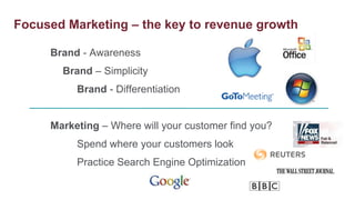 Limited IT generalistSMB IT Spendingby Industryby ApplicationFinancialNat’l/Int’l GovLocal/Region GovServicesRetailUtilitiesEmailCollaborationWeb Servers/AppsDatabasesFile/Print/DNS ServersERP/CRM/SCM1.9MFirmsChina: 38%EU: 27%United States: 11%Japan: 9%The market for software as a service (SaaS) is forecast to reach $8 billion in 2009, a 21.9 percent increase from 2008 revenue of $6.6 billion– Gartner (May 8, 2009)