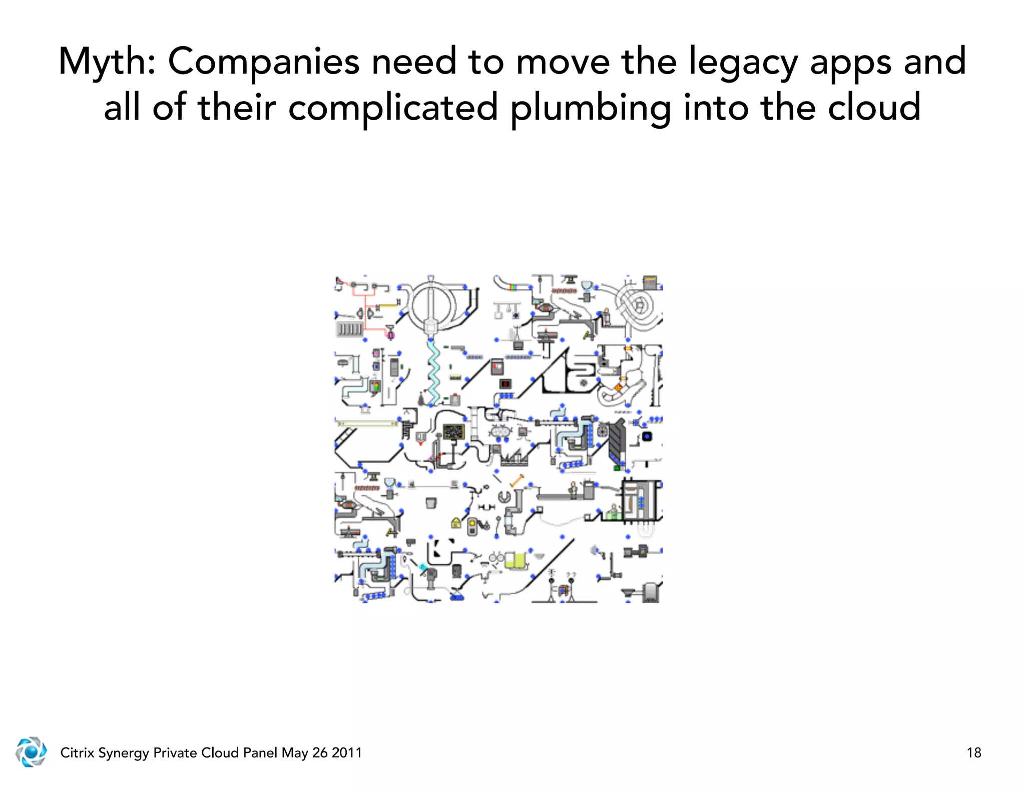 Myth: Companies need to move the legacy apps and
  all of their complicated plumbing into the cloud




Citrix Synergy Private Cloud Panel May 26 2011   18
 