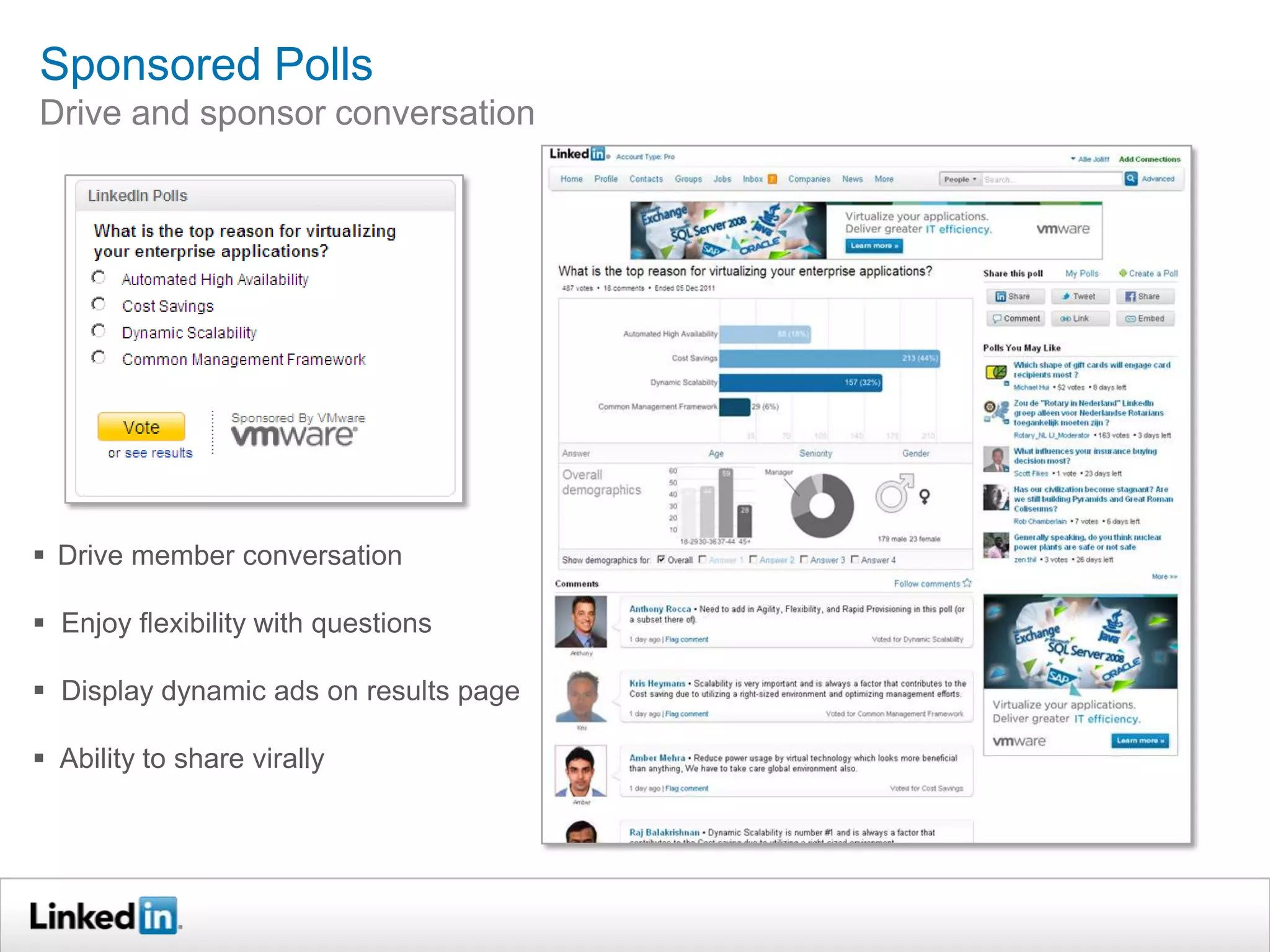 Sponsored Polls
Drive and sponsor conversation




 Drive member conversation

 Enjoy flexibility with questions

 Display dynamic ads on results page

 Ability to share virally
 