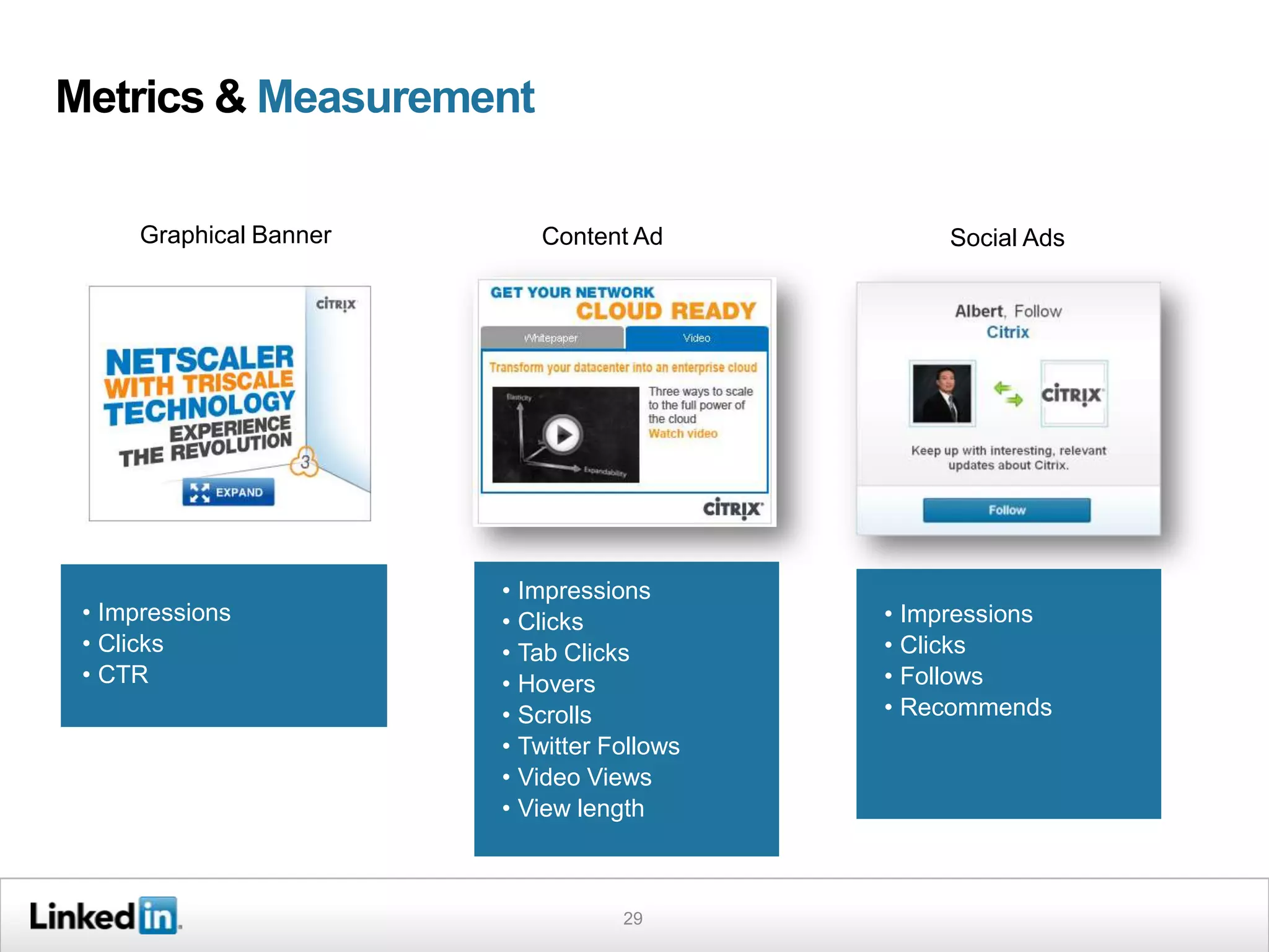 Metrics & Measurement

       Graphical Banner      Content Ad            Social Ads




 • Impressions
 • Clicks
 • CTR




                          • Impressions
 • Impressions            • Clicks            • Impressions
 • Clicks                 • Tab Clicks        • Clicks
 • CTR                    • Hovers            • Follows
                          • Scrolls           • Recommends
                          • Twitter Follows
                          • Video Views
                          • View length



                                     29
 