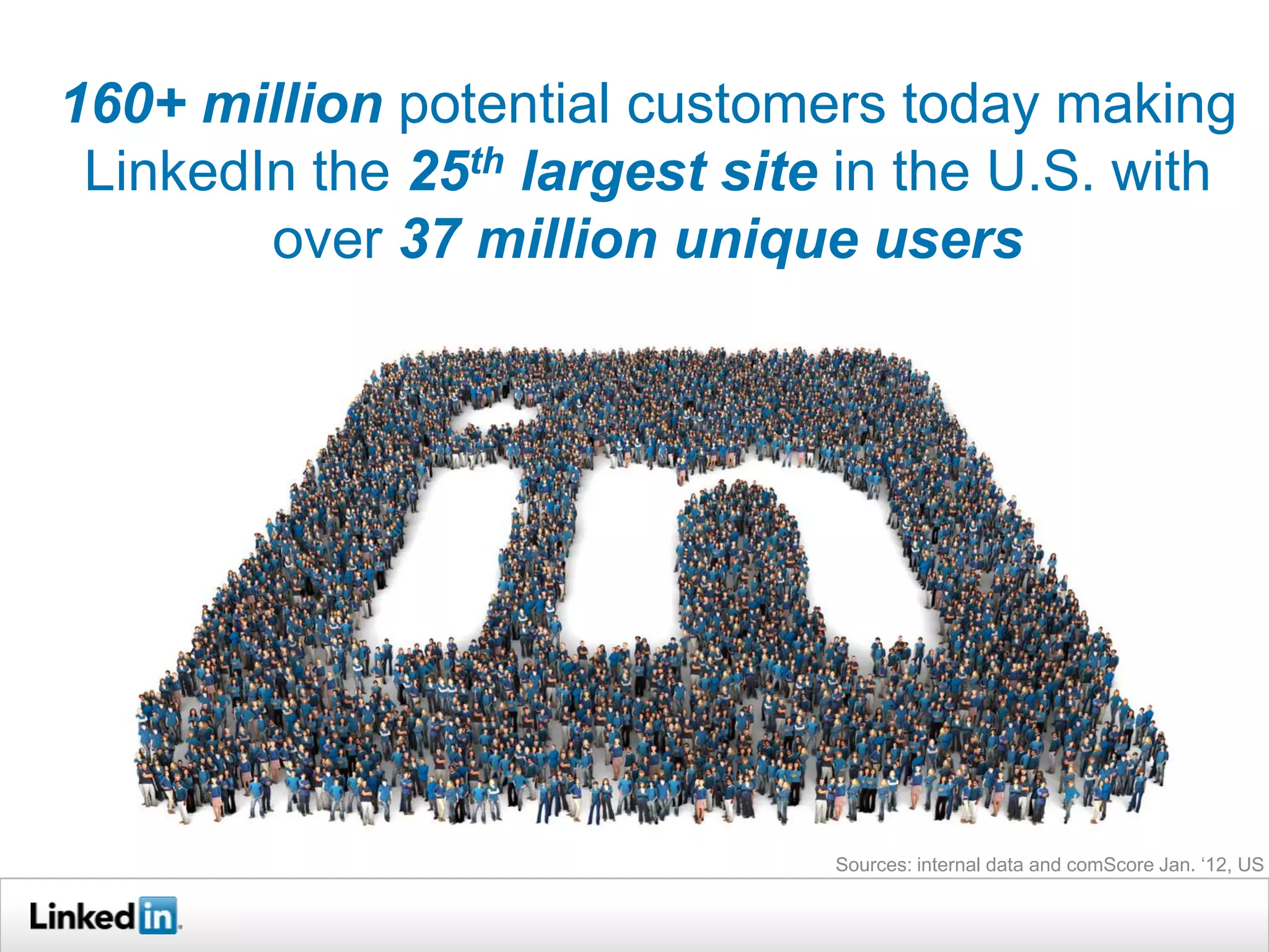 160+ million potential customers today making
 LinkedIn the 25th largest site in the U.S. with
        over 37 million unique users




                               Sources: internal data and comScore Jan. ‘12, US
 