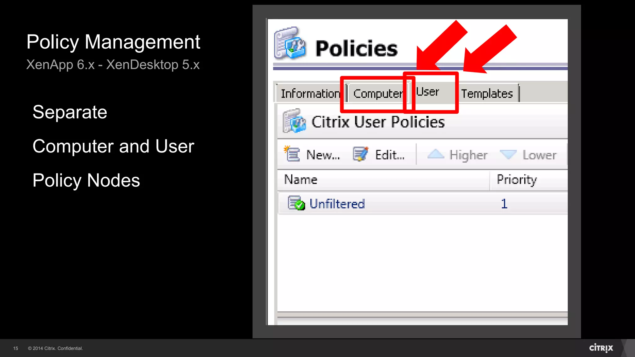 © 2014 Citrix. Confidential.15
Policy Management
XenApp 6.x - XenDesktop 5.x
Separate
Computer and User
Policy Nodes
 
