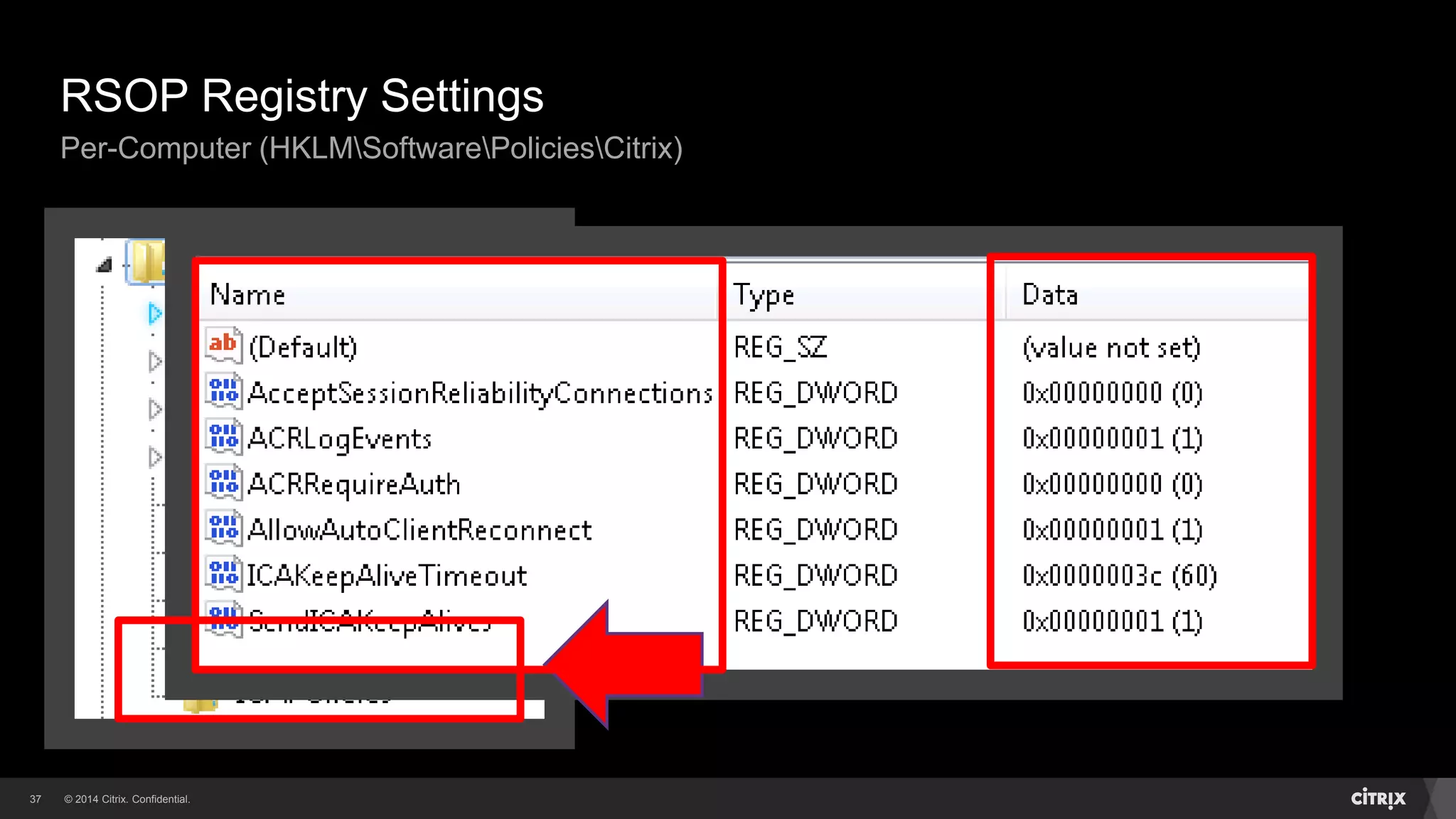 © 2014 Citrix. Confidential.37
RSOP Registry Settings
Per-Computer (HKLMSoftwarePoliciesCitrix)
 