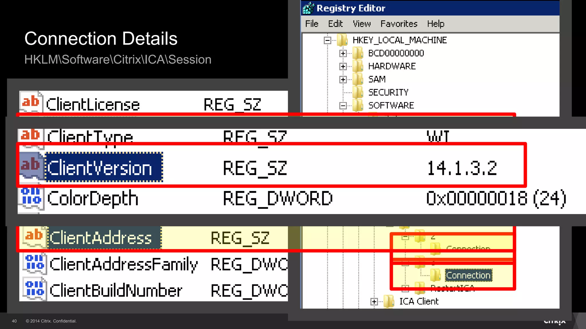 © 2014 Citrix. Confidential.40
Connection Details
HKLMSoftwareCitrixICASession
 