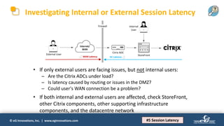 © eG Innovations, Inc. | www.eginnovations.com
Investigating Internal or External Session Latency
• If only external users are facing issues, but not internal users:
─ Are the Citrix ADCs under load?
─ Is latency caused by routing or issues in the DMZ?
─ Could user's WAN connection be a problem?
#5 Session Latency
• If both internal and external users are affected, check StoreFront,
other Citrix components, other supporting infrastructure
components, and the datacentre network
StoreFront
Citrix ADC
Internet/
WAN
Firewall
WAN Latency DC Latency
Internal
User
External User
 