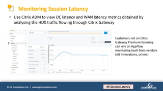 © eG Innovations, Inc. | www.eginnovations.com
Monitoring Session Latency
• Use Citrix ADM to view DC latency and WAN latency metrics obtained by
analysing the HDX traffic flowing through Citrix Gateway
#5 Session Latency
Customers not on Citrix
Gateway Premium licensing
can rely on AppFlow
monitoring tools from vendors
(eG Innovations, others)
 