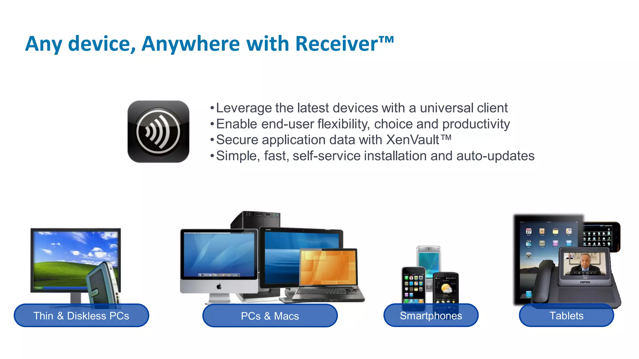 Any device, Anywhere with Receiver™

                      • Leverage the latest devices with a universal client
                      • Enable end-user flexibility, choice and productivity
                      • Secure application data with XenVault™
                      • Simple, fast, self-service installation and auto-updates




Thin & Diskless PCs        PCs & Macs                  Smartphones                 Tablets
 