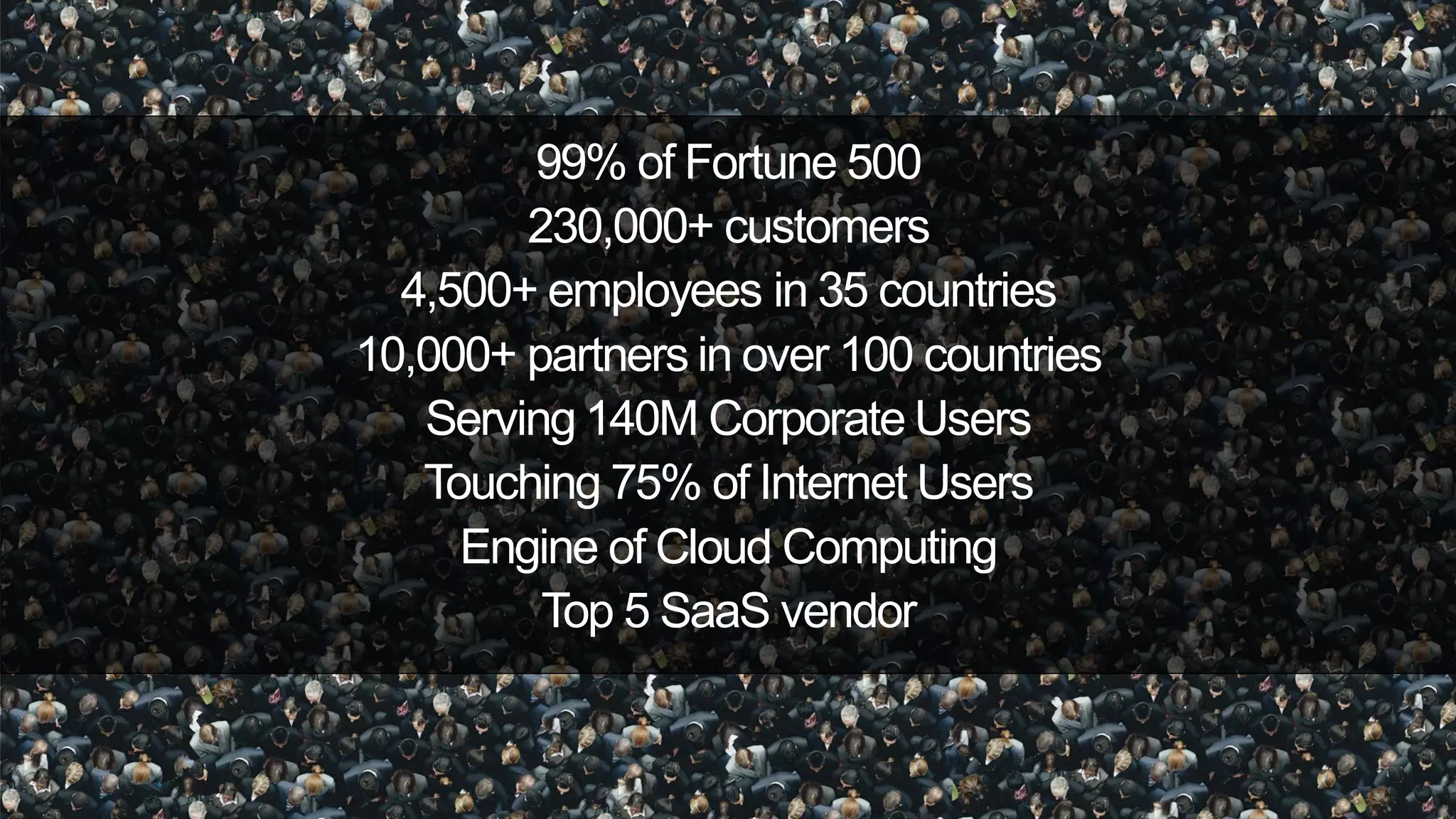 99% of Fortune 500
        230,000+ customers
  4,500+ employees in 35 countries
10,000+ partners in over 100 countries
   Serving 140M Corporate Users
   Touching 75% of Internet Users
     Engine of Cloud Computing
         Top 5 SaaS vendor
 