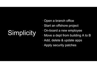 • Open a branch office
                p
             • Start an offshore project
             • On board a new employee
               On-board
Simplicity   • Move a dept from building A to B
             • Add, delete & update apps
             • Apply security patches
 