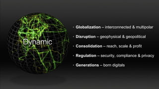 • Globalization – interconnected & multipolar

• Disruption – geophysical & geopolitical

• Consolidation – reach, scale & profit

• Regulation – security, compliance & privacy

• Generations – born digitals
 