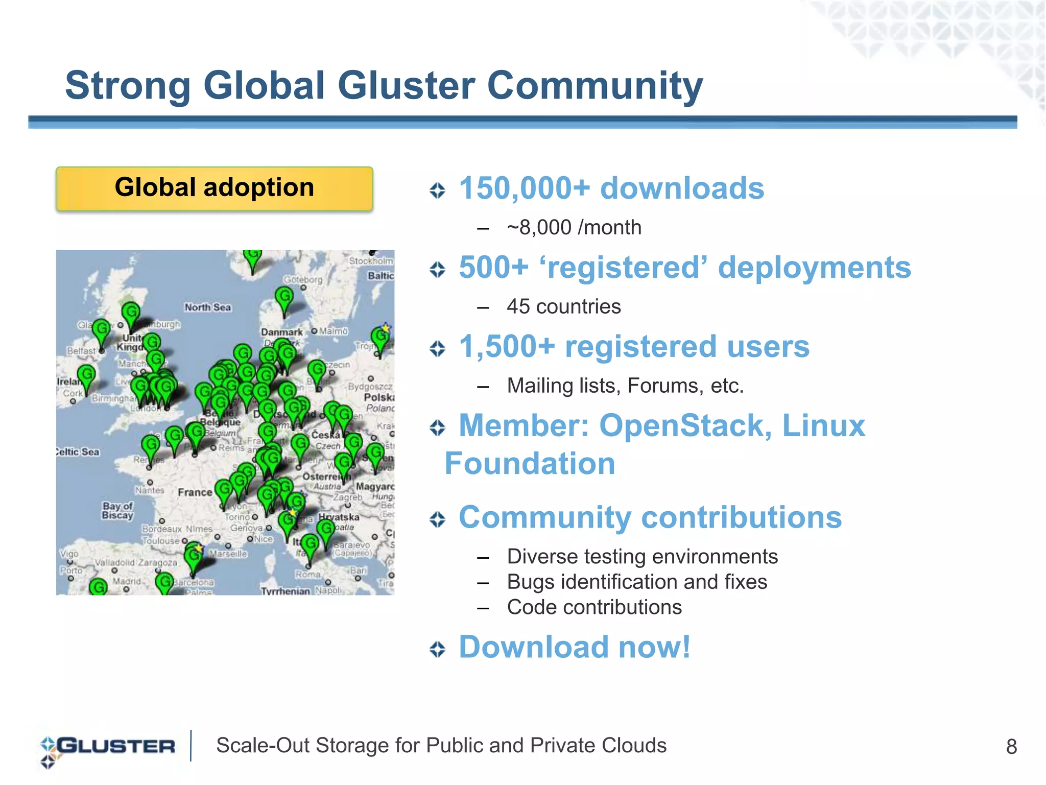 Strong Global Gluster Community150,000+ downloads~8,000 /month500+ ‘registered’ deployments45 countries1,500+ registered usersMailing lists, Forums, etc.Member: OpenStack, Linux FoundationCommunity contributionsDiverse testing environmentsBugs identification and fixesCode contributionsDownload now!Global adoption