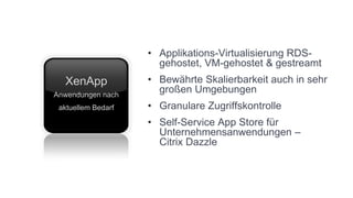 • Applikations-Virtualisierung RDS-
                      gehostet, VM-gehostet & gestreamt
  XenApp            • Bewährte Skalierbarkeit auch in sehr
Anwendungen nach
                      großen Umgebungen
 aktuellem Bedarf   • Granulare Zugriffskontrolle
                    • Self-Service App Store für
                      Unternehmensanwendungen –
                      Citrix Dazzle
 
