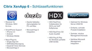 Citrix XenApp 6 - Schlüsselfunktionen



• Receiver für            • Dazzle Selbstbe-    • HDX RealTime           • Optimiert für Windows
  Windows, MAC              dienungsladen für     Collaboration für        Server 2008 R2
  & Linux                   PC und Mac            OCS und VoIP
                                                  Softphones             • Einfache, schnelle
• SmartPhone Support      • Microsoft App-V                                Produkt-Installation
  • iPhone 2.0              Integration         • HDX RealTime CD
  • Android                                       Audio Qualität         • Zentrale, intuitive
  • Windows Mobile                                                         Management-Konsole
                                                • HDX Plug & Play
• Neue Plug-ins                                   für Windows portable   • Nahtlose Microsoft
  • Single-Sign-On                                USB Geräte               Management
  • WAN-Beschleunigung                                                     Integration
  • EasyCall Voice Services
  • Microsoft App-V
 