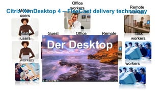 Office
                        workers                  Remote
Citrix XenDesktop 4 – FlexCast delivery
     Mobile                                  technology
                                                 workers
    users



    Mobile     Guest      Office   Remote          Task
    users     workers    workers   workers        workers

              Der Desktop
     Guest
    workers                                      Task
                                                workers
 