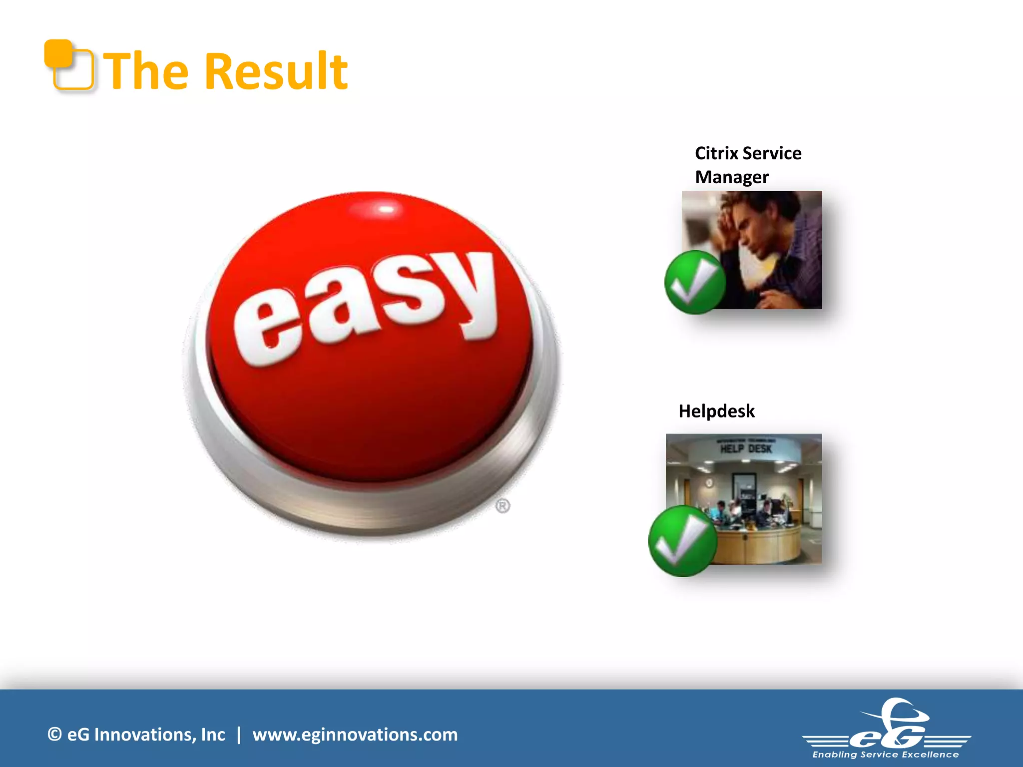 The Result
Citrix Service
Manager

Helpdesk

© eG Innovations, Inc | www.eginnovations.com

 