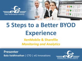 5 Steps to a Better BYOD 
Experience 
XenMobile & Sharefile 
Monitoring and Analytics 
Presenter 
Bala Vaidhinathan | CTO | eG Innovations 
 