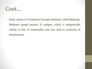 Cont…
• Some strains of Citrobacter freundii (formerly called Ballerup-
Bethesda group) possess Vi antigen, which is antigenically
similar to that of salmonellae and may lead to confusion in
identification.
 