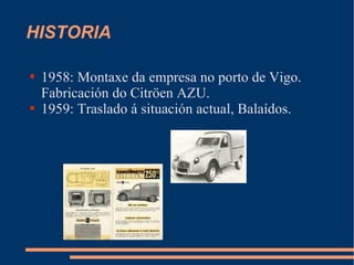 HISTORIA 1958: Montaxe da empresa no porto de Vigo. Fabricación do Citröen AZU. 1959: Traslado á situación actual, Balaídos. 