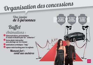 tion des co ncessions
Organisa
         Une équipe                          la Select    la Select   la Select
         de 5 personnes                       la plus
                                            familiale
                                                           la plus
                                                         abordable
                                                                       la plus
                                                                      citadine


    Buﬀet
Animations :
*
démonstrations, présentations
et essais orchestrés par les “voituriers“

*
borne photo interactive
avec partage sur les réseaux

*
animations artistiques “hdg“

*
espace mini karting pour les enfants
     Moment fort :
       vente aux enchères
 