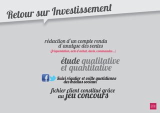 sur Invest issement
Retour

         rédaction d’un compte rendu
               d’analyse des ventes
           (fréquentation, acte d’achat, devis, commandes...)


                   étude qualitative
                   et quantitative
                Suivi régulier et veille quotidienne
                   des médias sociaux

           ﬁchier client constitué grâce
             au jeu concours
 