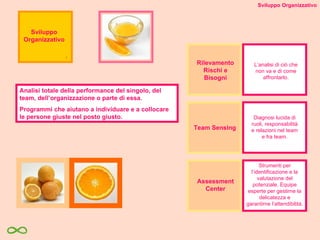 Analisi totale della performance del singolo, del team, dell’organizzazione o parte di essa. Programmi che aiutano a individuare e a collocare le persone giuste nel posto giusto . Sviluppo Organizzativo Rilevamento Rischi e Bisogni L’analisi di ciò che non va e di come affrontarlo. Team Sensing Diagnosi lucida di ruoli, responsabilità e relazioni nel team e fra team. Assessment Center Strumenti per l’identificazione e la valutazione del potenziale. Equipe esperte per gestirne la delicatezza e garantirne l’attendibilità. Sviluppo Organizzativo 1 