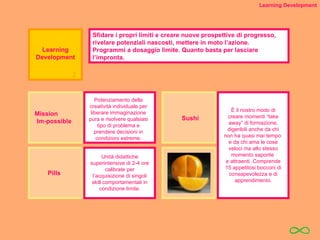 Sfidare i propri limiti e creare nuove prospettive di progresso, rivelare potenziali nascosti, mettere in moto l’azione. Programmi a dosaggio limite. Quanto basta per lasciare l’impronta. Learning Development Mission  Im-possible Potenziamento della creatività individuale per liberare immaginazione pura e risolvere qualsiasi tipo di problema e prendere decisioni in condizioni estreme. Pills Unità didattiche superintensive di 2-4 ore calibrate per l’acquisizione di singoli skill comportamentali in condizione limite. Sushi È  il nostro modo di creare momenti “take away” di formazione, digeribili anche da chi non ha quasi mai tempo  e da chi ama le cose veloci ma allo stesso momento saporite  e attraenti .Comprende 15 appetitosi bocconi di consapevolezza e di apprendimento. Learning Development 2 