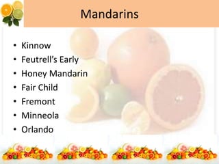 Mandarins
• Kinnow
• Feutrell’s Early
• Honey Mandarin
• Fair Child
• Fremont
• Minneola
• Orlando
 