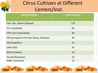 Citrus Cultivars at Different
Centers/Inst.
Centre/Institute Citrus Cultivars
Hort. Res. Station (Sahiwal) 170
U.A. Faisalabad 89
ZTBL Farm (Islamabad) 80
FSC Germplasm Unit Sher Khana, Peshawar 46
CRI (Sargodha) 43
AARI (FSD) 34
BARI (Chakwal) 23
Tarnab (Peshawar)
NARC, Islamabad
16
12
 