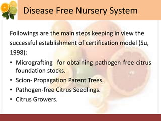 Disease Free Nursery System
Followings are the main steps keeping in view the
successful establishment of certification model (Su,
1998):
• Micrografting for obtaining pathogen free citrus
foundation stocks.
• Scion- Propagation Parent Trees.
• Pathogen-free Citrus Seedlings.
• Citrus Growers.
 