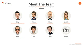 www.citruseo.com
© 2017 Citruseo. All Rights Reserved.
6
Meet The TeamUne équipe pluridisciplinaire pour vos projets
Eddy
MARKETING EXPERT / PROJECT MANAGER
Adrien
ACCOUNT MANAGER
Thibaut
UI/UX DESIGNER
Laetitia
E-COMMERCE EXPERT
Rémy
COMMUNITY MANAGER
Alan
WEB DEVELOPER
Peter
GRAPHIC DESIGNER
Fabien
PHOTOGRAHE
 